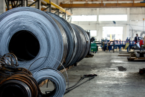 Bobinas de metal e vergalhões enrolados em chão de fábrica com luz natural.